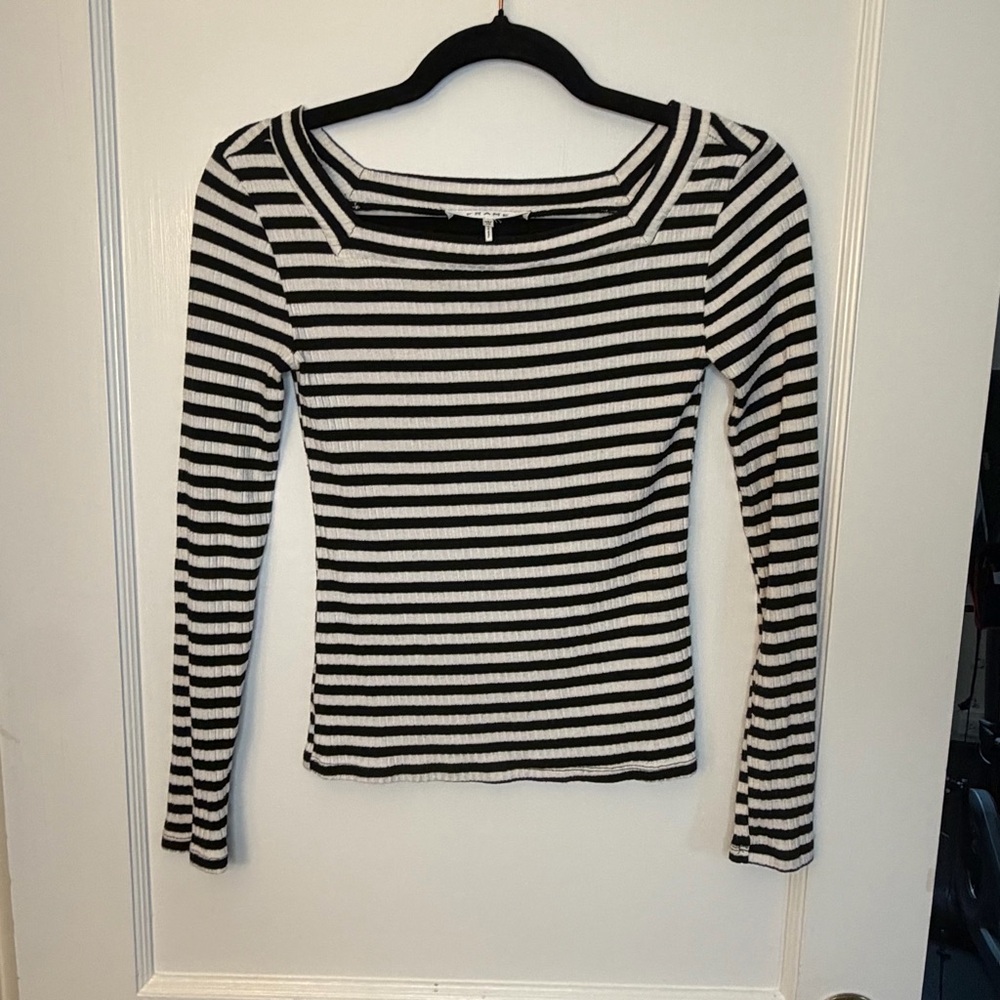 FRAME Black White Striped Knit Square Neck Long Sleeve Top Women’s XS